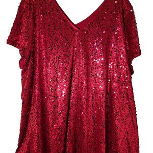 ROAMAN'S 30W Red Sequin V Neck Tunic Top Holiday Formal New